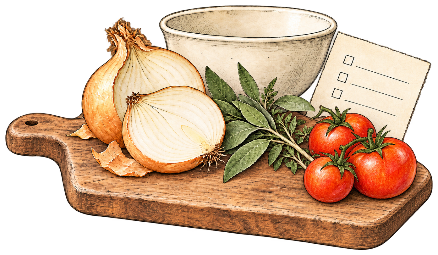 A cutting board with onion, herbs, a mixing bowl, and a short checklist