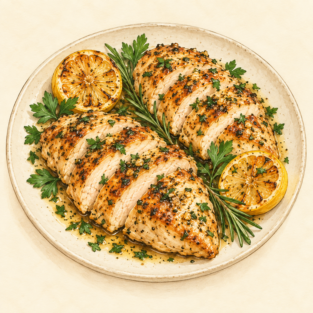 Lemony herb chicken with roasted lemons and fresh herbs