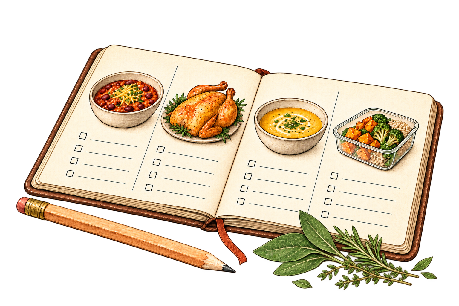 An illustrated weekly meal-planning notebook with four meals