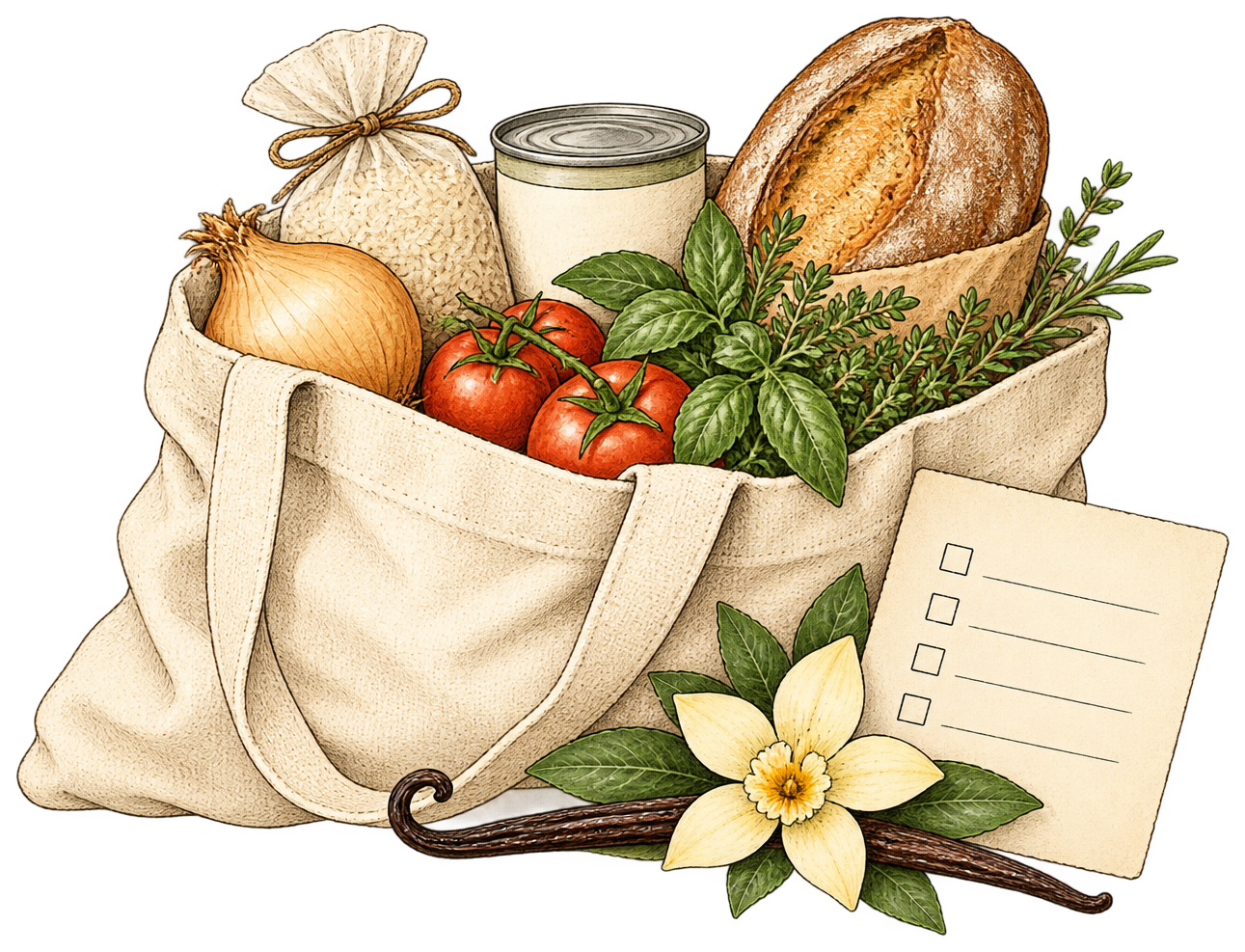 An illustrated grocery bag filled with ingredients beside a shopping list